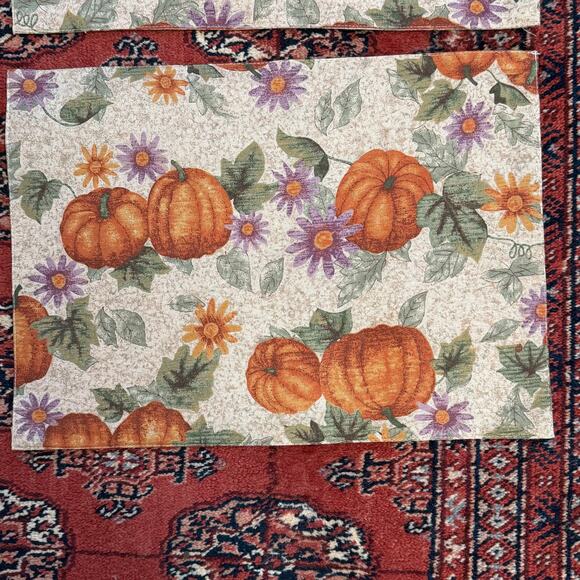 Set of 2 Fall Themed Rectangular Placemats w Pumpkins Smooth Weave Reversible - Picture 2 of 6